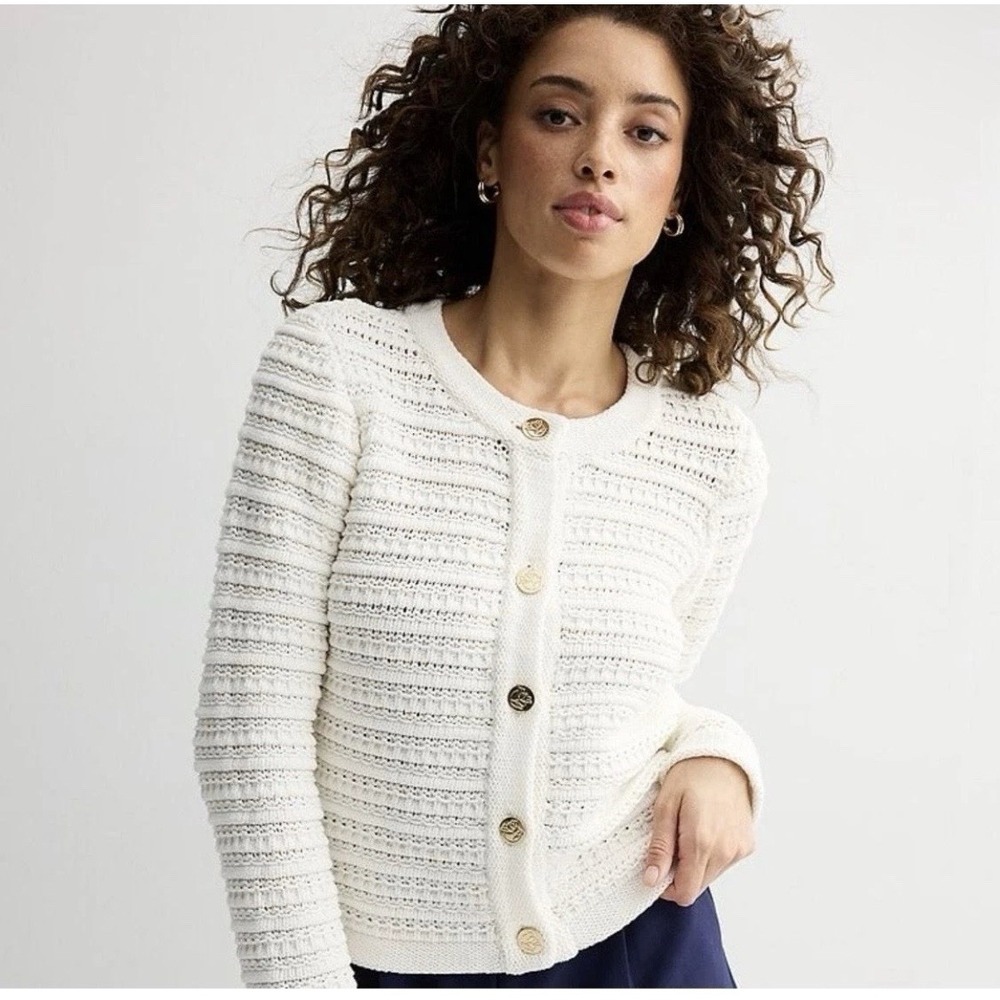 Draper James Women's Textured Cable Knit Button-Front Cardigan in Off-White Sm
